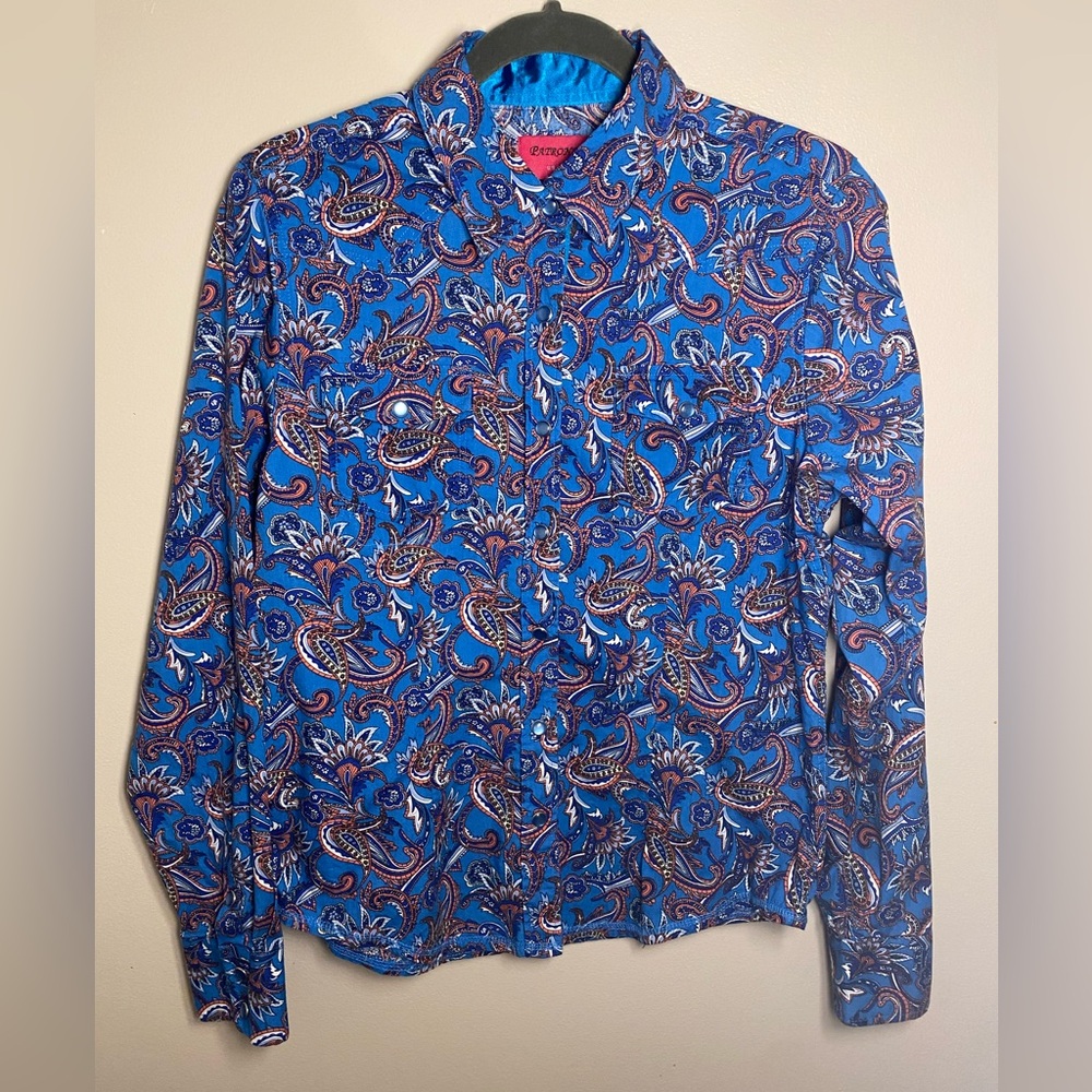Patrona Blue & Coral Paisley Snap-Button Down Cotton Top Large EUC